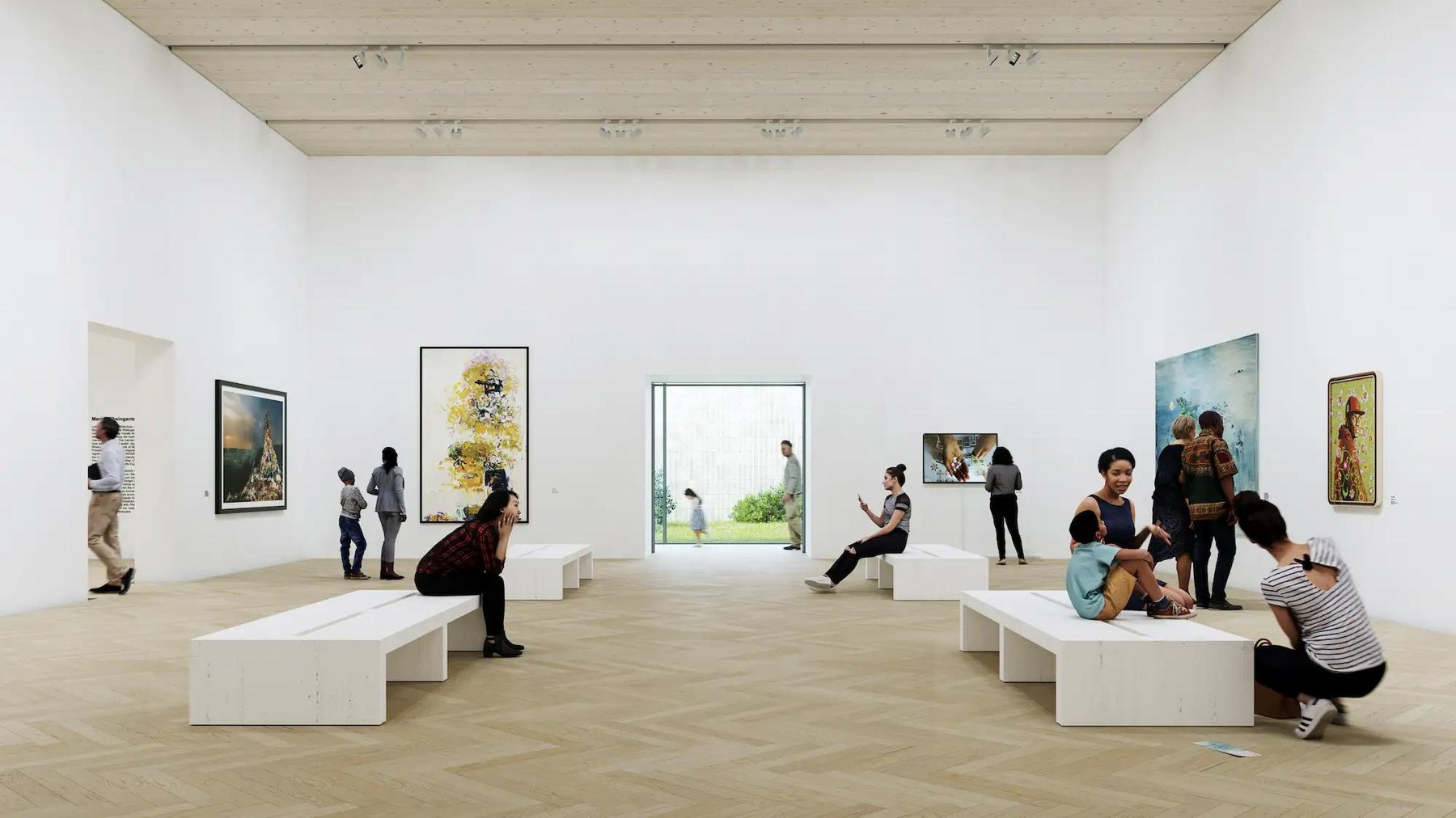 Expansive modern art museum gallery with visitors looking at paintings