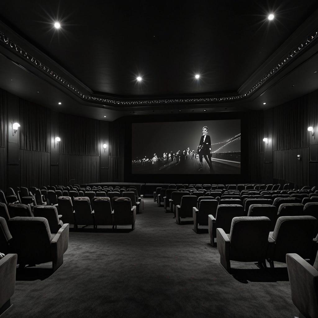A dim, cinematic home movie night scene