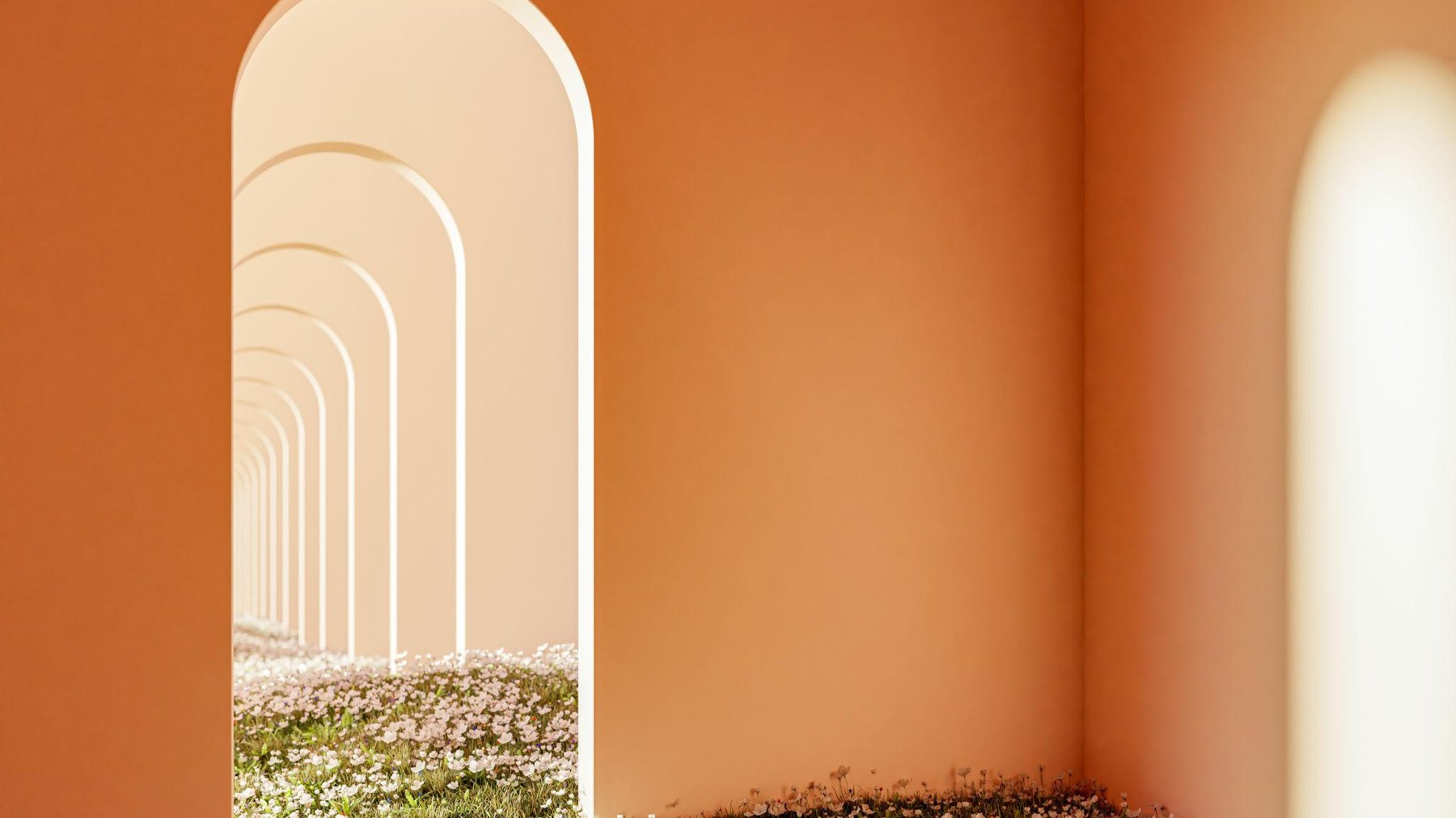 Minimal abstract orange corridor with arches and flowers